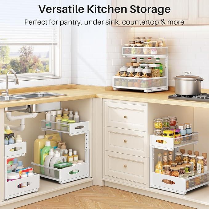 Under Sink Organizer, 2 Pack 2 Tier Pull Out Under Cabinet Organizer Shelf with Pad for Framed Cabinets, Metal Slide Out Under Sink Storage, Mesh Sliding Drawers for Kitchen Bathroom Laundry, White - ModernBath