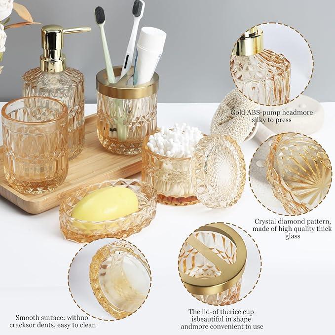 Ulable Bathroom Accessories Set, 5Pcs Gold Glass Bathroom Accessories Set with Gold Soap Dispenser, Soap Dish, Toothbrush Holder, Tumbler, Cotton Swab Jars - ModernBath
