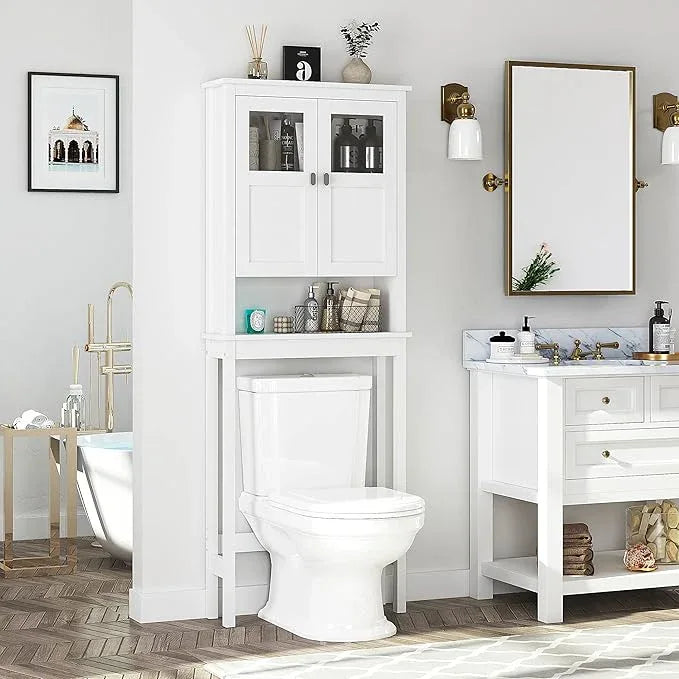 Spirich Bathroom Cabinet Over Toilet, Bathroom Storage Cabinet with Glass Doors and Adjustable Shelves, Over The Toilet Storage Cabinet, White - ModernBath