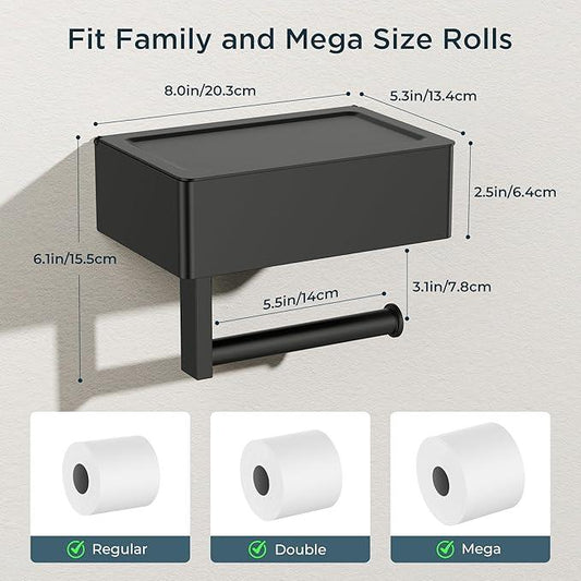 FORIOUS Toilet Paper Holder with Shelf, SUS304 Stainless Steel Wall Mount Toilet Paper Roll Holder, Flushable Wipes Dispenser Fits for Bathroom Wipe Storage, Bathroom Organizer (Matte Black) - ModernBath
