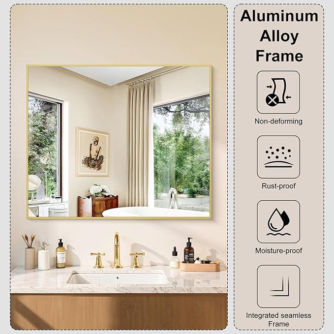 KOCUUY Gold Bathroom Mirror, 30"x36" Rectangle Bathroom Mirror for Wall, HD Tempered Glass, Anti-Rust Frame, Modern Design for Bathroom, Bedroom, Living Room, Entryway - ModernBath