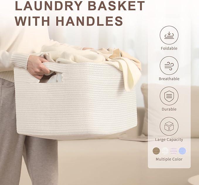 72L Large Baby Girls Laundry Basket for Nursery Storage,Cute Woven cotton Rope Baskets for Kids Toy，Gifts,Boho Square Wicker Blanket hamper for Living Room,Bedroom Dirty Clothes, White - ModernBath