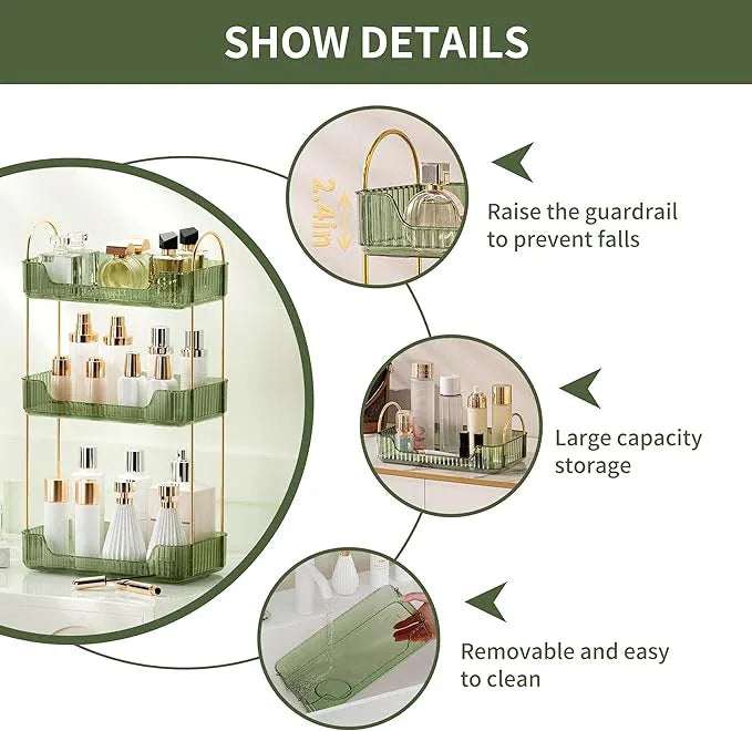 YCIA&DONE Bathroom Organizer Countertop, Makeup Storage, Skincare Cosmetic Tray Shelf, Perfume Holder Rack for Vanity Counter, Large Capacity, Easy to Install, Clean, 3 Tiers, Vintage Green - ModernBath