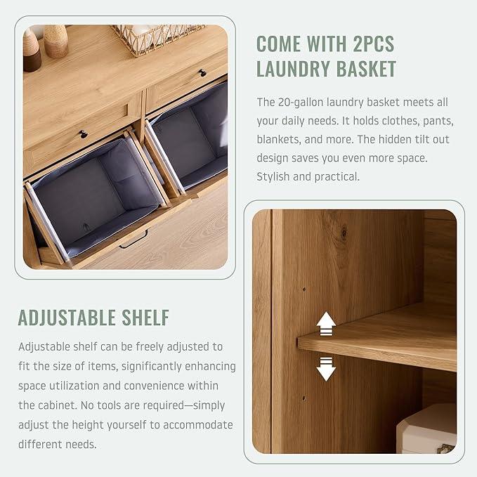 Triple Tilt Out Laundry Hamper Cabinet, 20 Gallon Farmhouse Trash Can Cabinet w/Drawer & Adjustable Shelf, Hidden Garbage Can Bin Cabinets w/Laundry Basket for Bathroom, Kitchen (Natural) - ModernBath