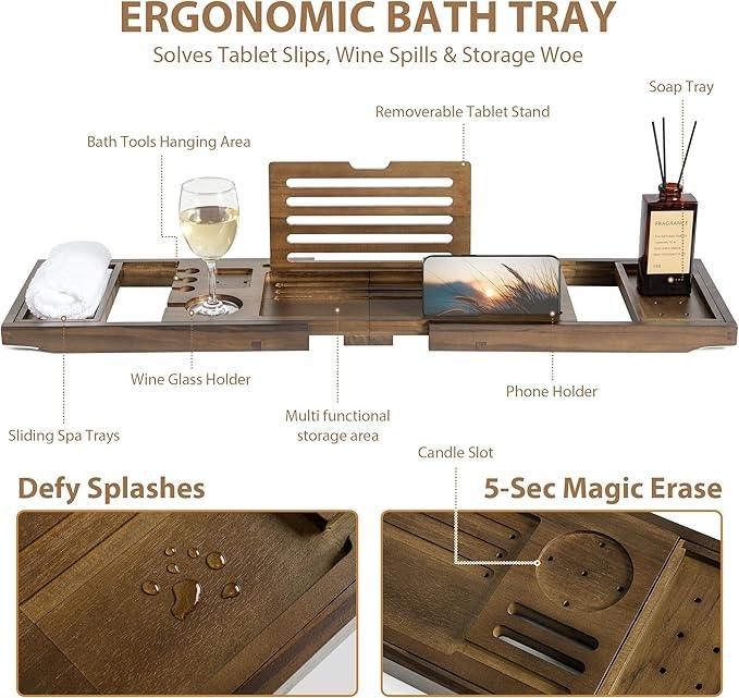 Realgulf Teak Bathtub Tray | Adjustable Width Tray with Wine Holder, Tablet/Phone & Book Stand, Splash-Proof for Bath Time- Walnut - ModernBath