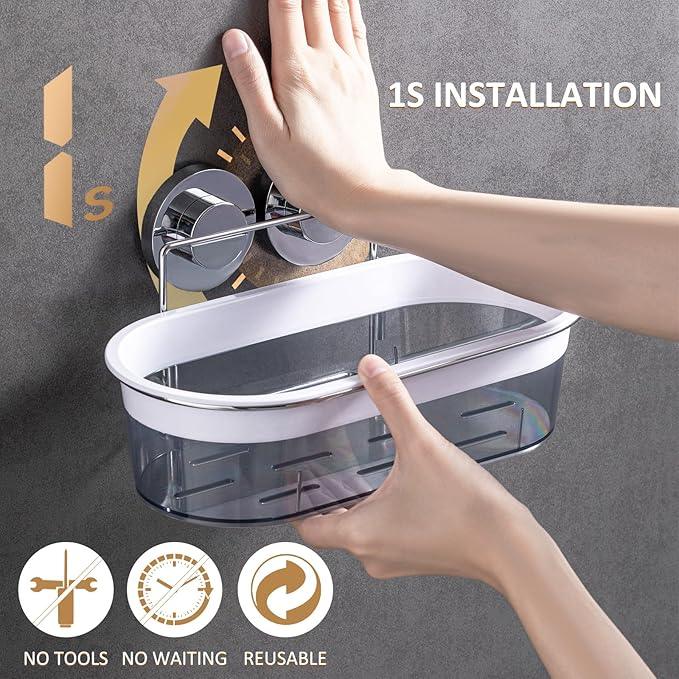 LEVERLOC Shower Caddy Suction Cup, Shower Organizer Removable Bathroom Shelf, Storage Suction Powerful Max Hold 22lbs Bathroom Caddy Waterproof Holder, Chrome & Clear - ModernBath