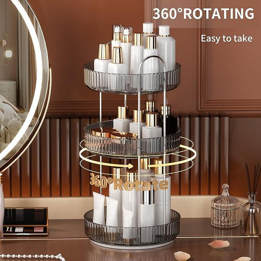 YCIA&DONE 360 Rotating Makeup Organizer and Storage for Vanity Countertop 3 Tiers, High Capacity Cosmetic Skincare Perfume Organizers for Dresser Bathroom Lazy Susan (Smoky Gray) - ModernBath