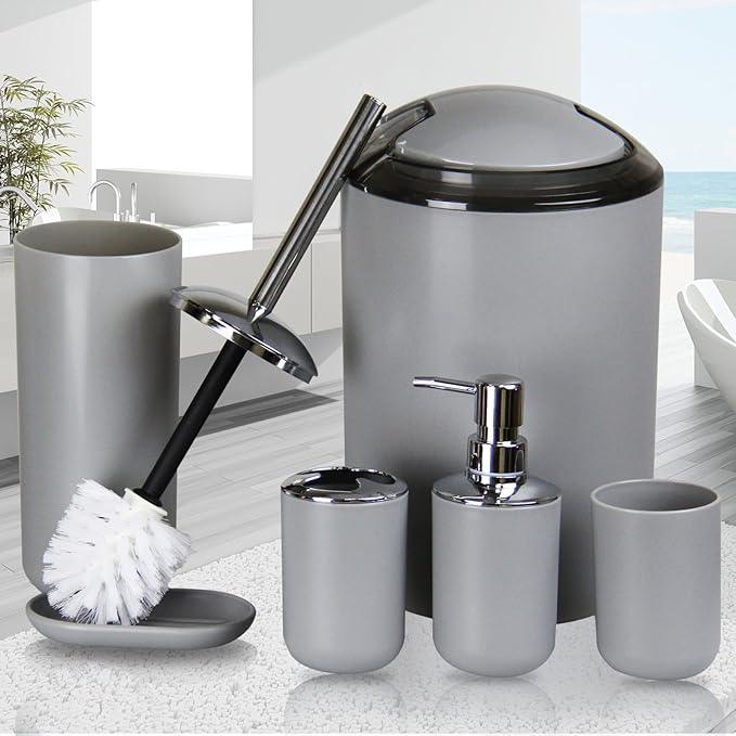 IMAVO Bathroom Accessories Set,Grey Bathroom Set,7 Pieces Bathroom Accessory Set,Tray,Toilet Brush,Trash Can for Bathroom Décor and Housewarming Gifts - ModernBath