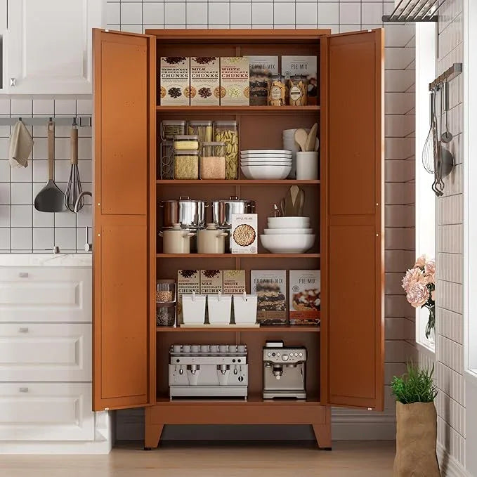 COFaR 5 Tier Metal Kitchen Storage Cabinets, 71" Pantry Cabinet with Doors and 4 Adjustable Shelves, Farmhouse Tall Cabinet for Pantry, Laundry Room,Living Room,Dinning Room (Antique Copper) - ModernBath