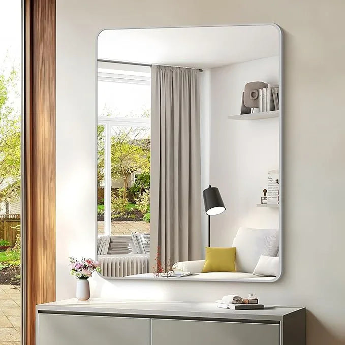 CIVENO 48x36 Inch Silver Bathroom Mirror, Large Rectangular Vanity Mirror, Metal Framed Rectangle Mirrors, Rounded Corner Wall Mounted Mirrors for Living Room Bedroom Entryway Horizontal or Vertical - ModernBath