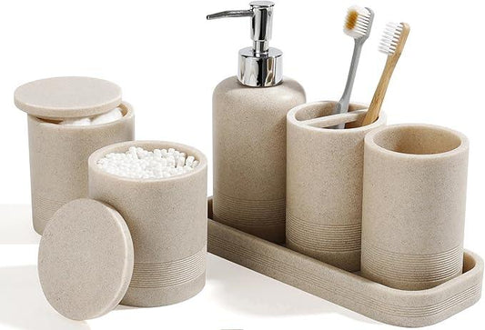 Bathroom Accessories Set, 6-Piece Bathroom Accessory Set, Toothbrush Holders Set, Soap Dispenser, Vanity Tray, Tumbler, Cotton Swab Jars, Bathroom Organizer for Modern Bathrooms(Beige) - ModernBath