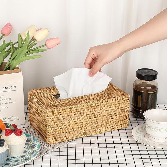Sumnacon Tissue Box Cover Rectangle Tissue Box Rattan Tissue Box Holder,Wicker Decorative Tissue Holder for Bathroom Toilet Living Room Kitchen Office Table Desk, Yellow - ModernBath