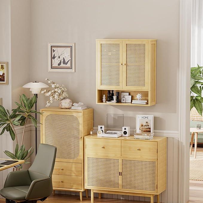 Bathroom Wall Cabinet, Bamboo Over-The-Toilet Storage Organizer with 2 Rattan Doors and Adjustable Shelf, Space Saver Medicine Cabinet for Laundry, Kitchen, Living Room (Natural) - ModernBath