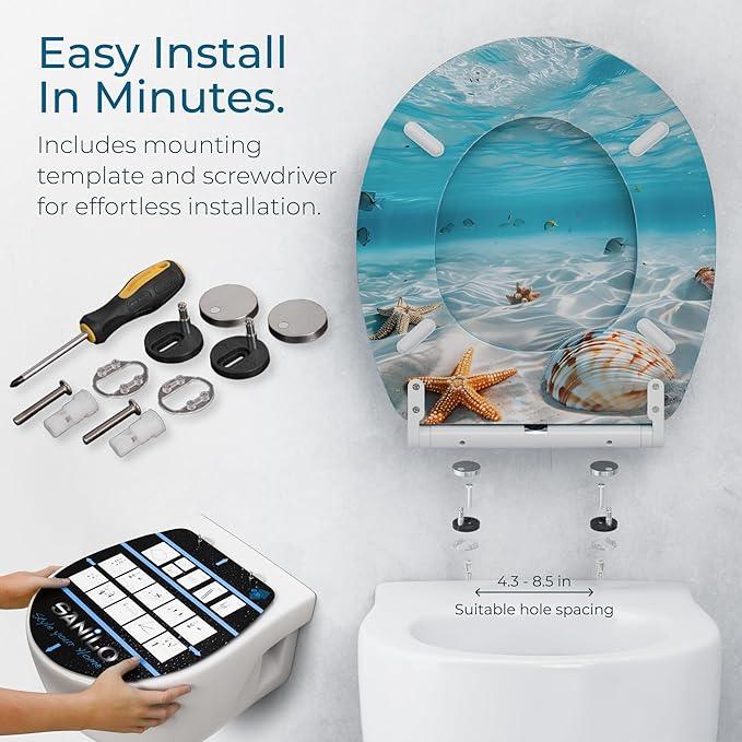 Sanilo Wooden Toilet Seat with Quick Release & Soft Close [ROUND] - Decorative & Slow Close Molded Wood Seat - With One Click for Easy Installation & Cleaning - With Adjustable Fit (Waterworld) - ModernBath