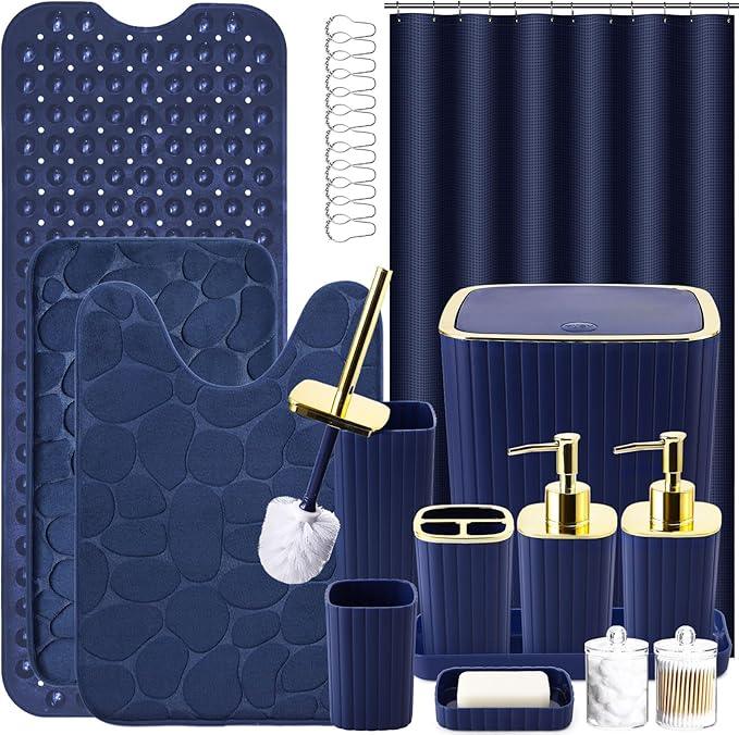 XLHOMO 26PC Bathroom Accessories Set - Gorgeous Blue Bathroom Set, Bathroom Accessory Set, Navy Blue Shower Curtain Set with Bathtub Mats for Shower Tub - ModernBath