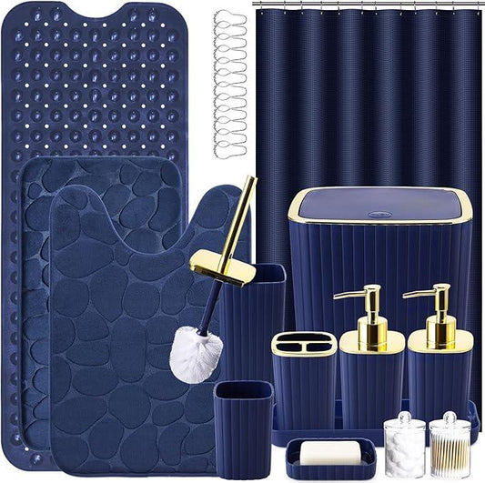 XLHOMO 26PC Bathroom Accessories Set - Gorgeous Blue Bathroom Set, Bathroom Accessory Set, Navy Blue Shower Curtain Set with Bathtub Mats for Shower Tub - ModernBath
