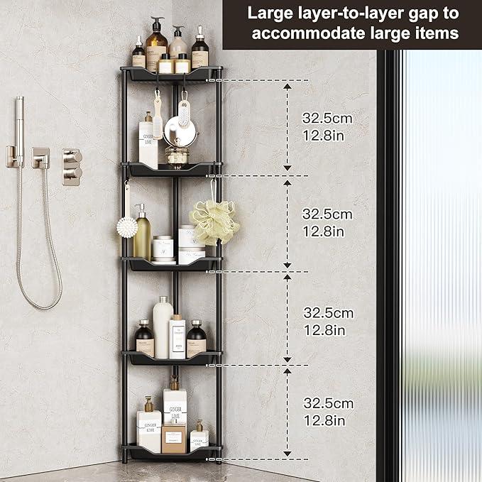 Orimade Rustproof 5 Tier Floor Standing Corner Shower Caddy Organizer, Plastic Metal Splicing Floor Corner Shelf Rack Stands for Bathroom, Black - ModernBath