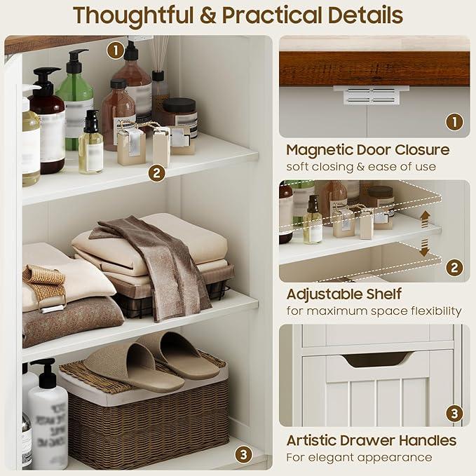 Vabches Farmhouse Bathroom Cabinet, Freestanding Storage Cabinet with 4 Drawers and 2 Doors, Rustic Storage Organizer with Adjustable Shelf for Bathroom, Living Room, Entryway, White - ModernBath