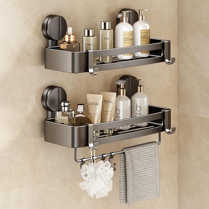 VOLPONE Shower Caddy Suction Cup, 2 Pack Corner Shower Shelves No Drilling, Showers Organizer Storage with Towel Bar & Removable Hooks, Bathroom Shower Shelf Rack for Inside Showers, Square - ModernBath