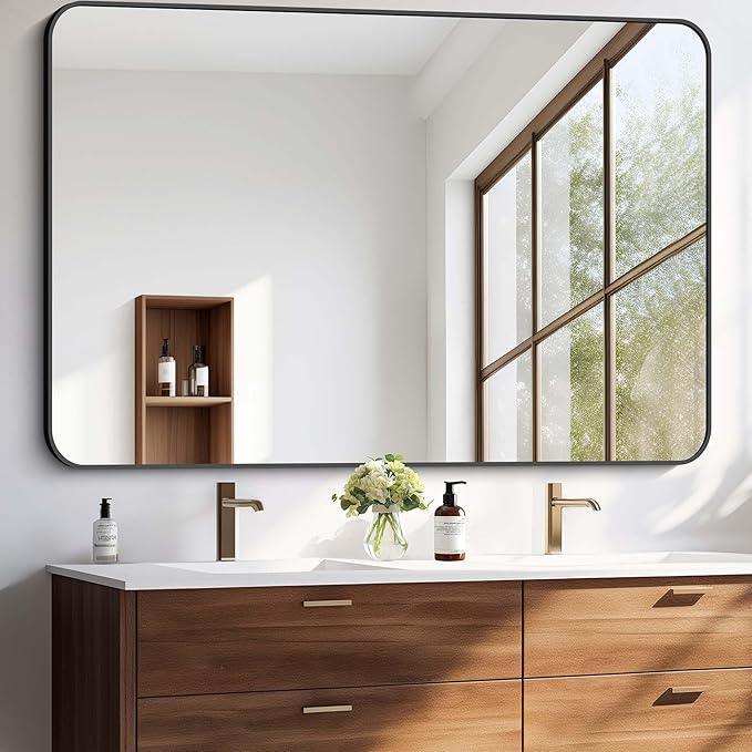 CIVENO Large Bathroom Mirror, 60 x 40 inch Black Rectangle Mirror, Metal Framed Rectangular Vanity Mirror, Rounded Corner Wall Mounted Mirror for Over Sinks Bedroom Living Room Horizontal/Vertical - ModernBath