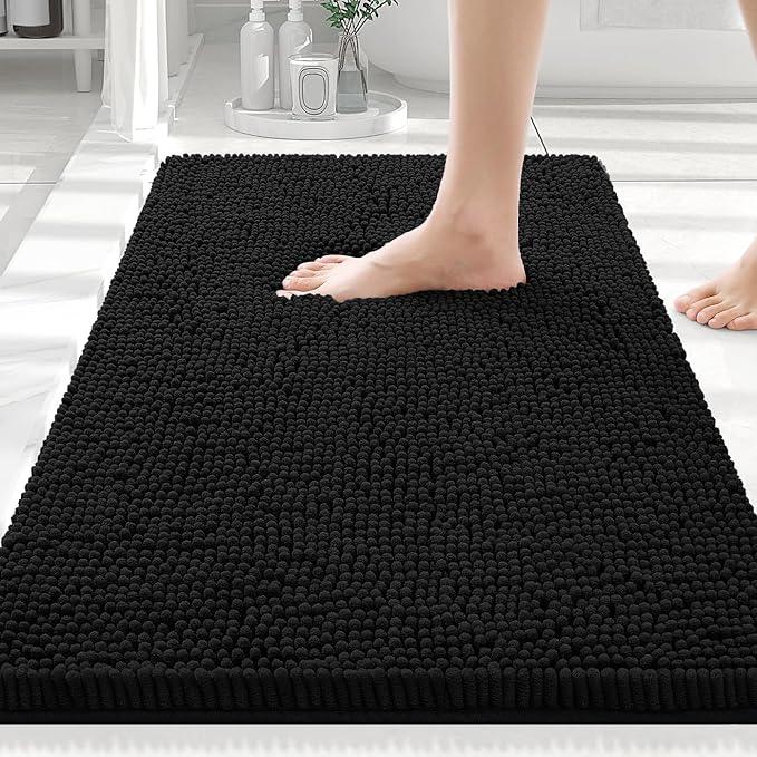Smiry Luxury Chenille Bathroom Rugs 30x20, Extra Soft and Absorbent Shaggy Bath Mat, Machine Washable, Non-Slip Plush Carpet Runner for Tub, Shower, and Floor, Home Decor Accessories, Black - ModernBath