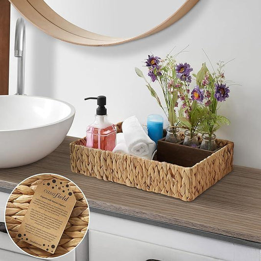 Casafield Set of 2 Bathroom Storage Baskets, Natural - Water Hyacinth, 15.75" W x 11.25" D x 3.25" H, Woven Toilet Tank Topper Bins for Organizing Tissues, Toilet Paper, Toiletries, Shelves - ModernBath