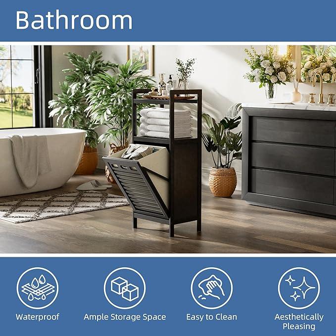 HITNET Tilt Out Laundry Hamper, Bamboo Bathroom Cabinet with Pull Out Removable Bag and 2 Tier Storage Shelves, 8.5 Gallon Clothes Basket with Metal Handle, Black - ModernBath