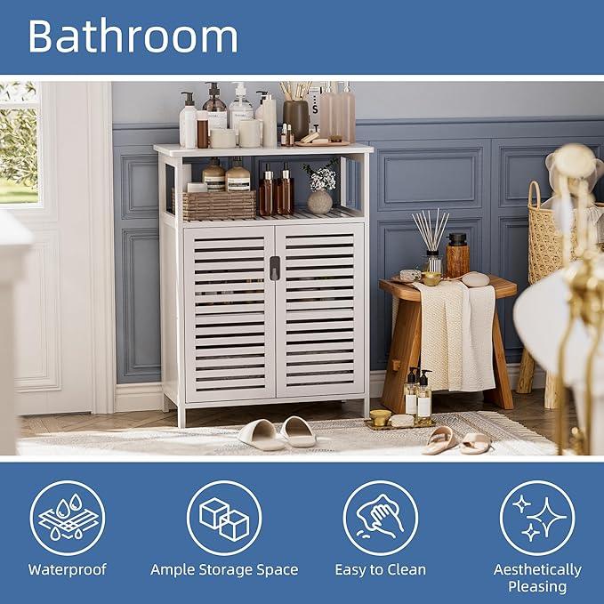 HITNET White Bathroom Cabinet, Bamboo Storage Cabinet Freestanding, Side Tall Storage Organizer for Kitchen Living Room Entryway - ModernBath