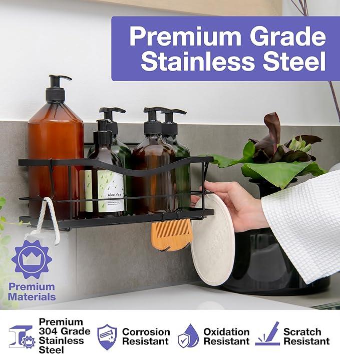 KINCMAX Premium Shower Caddy, Self Adhesive Shower Organizer w/ 4 Hooks, No Drill Shelves for Inside Shower, Rustproof Stainless Steel Shower Rack for Bathroom, Matte Black - ModernBath