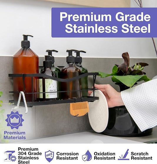 KINCMAX Premium Shower Caddy, Self Adhesive Shower Organizer w/ 4 Hooks, No Drill Shelves for Inside Shower, Rustproof Stainless Steel Shower Rack for Bathroom, Matte Black - ModernBath