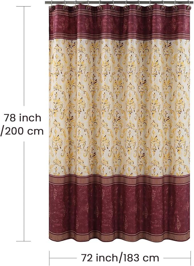 BESTRIPES Long Fabric Shower Curtain, Burgundy Wine and Gold Yellow Boho Paisley Damask Print Shower Curtains for Bathroom, Waterproof Bathroom Curtains, 72" W x 78" H - ModernBath