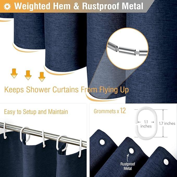 BTTN Extra Long Fabric Shower Curtain - 72x90 Inch Linen Textured Heavy Duty Cloth Shower Curtain Set with Plastic Hooks, Hotel Luxury Waterproof Tall Polyester Shower Curtains for Bathroom, Navy Blue - ModernBath