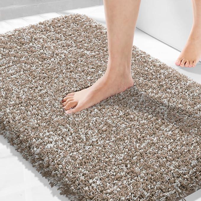 Yimobra Bathroom Rugs Non Slip Washable 36x24, Ultra Soft and Water Absorbent Bath Mats, Plush Fluffy Shower Mat Outside, Luxury Microfiber Thick Matts for Bathroom Floor/Tub, Light Brown and White - ModernBath