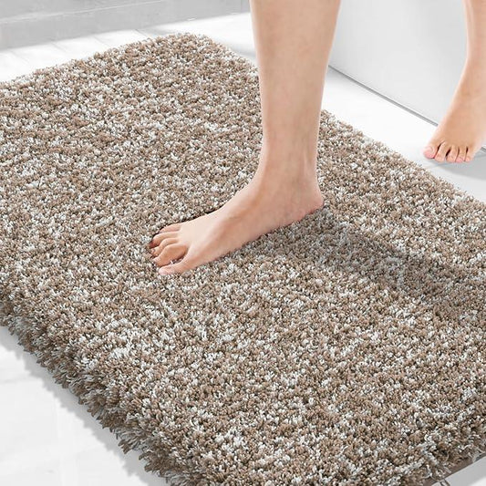 Yimobra Bathroom Rugs Non Slip Washable 36x24, Ultra Soft and Water Absorbent Bath Mats, Plush Fluffy Shower Mat Outside, Luxury Microfiber Thick Matts for Bathroom Floor/Tub, Light Brown and White - ModernBath