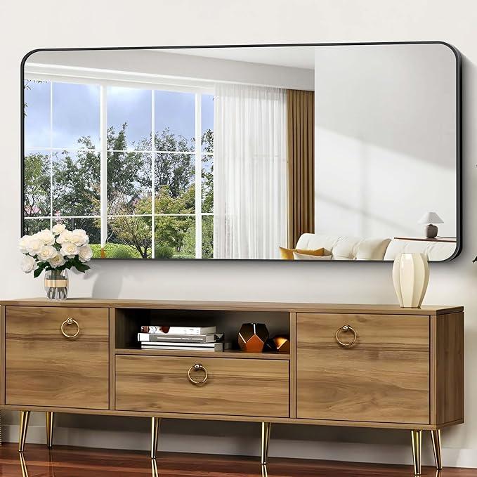 CIVENO Bathroom Mirror, 60 x 30 inch Black Rectangle Wall Mirror, Metal Frame Rounded Corner Vanity Mirror, Large Wall Mounted Mirrors for Over Sink Bedroom Living Room Horizontal Or Vertical Mounting - ModernBath