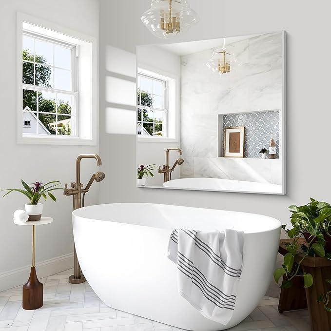BONEWEI Silver Bathroom Mirror,48x48 inch Wall Mirror for Bathroom Wall Mounted,Large Rectangle Mirror for Bathroom Over Sink,Modern Metal Frame for Living Room,Bedroom Entryway,Horizontal/Vertical - ModernBath