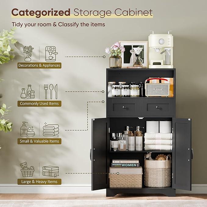 SUPER DEAL Farmhouse Storage Cabinet, Bathroom Floor Cabinet Kitchen Pantry with Doors and Drawers, Hutch Cupboard for Living Room, Bedroom, Laundry, Black - ModernBath