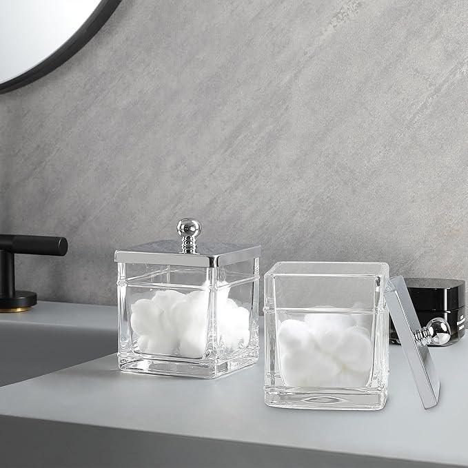 Indecor Home Glass Cotton Jar Holder 2 Pack– Silver/Chrome Lid, Elegant Bathroom Storage Canister for Qtips, Cotton Balls, Floss, Makeup Organizer, Vanity & Bathroom Organization - ModernBath