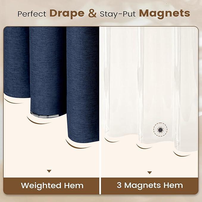 BTTN 3 in 1 Shower Curtain Set, Navy Blue Linen Textured Fabric Shower Curtain and Clear Liner Set with Plastic Hook, Modern Hotel Luxury Weighted Waterproof Shower Curtain for Bathroom, Blue, 72x72 - ModernBath