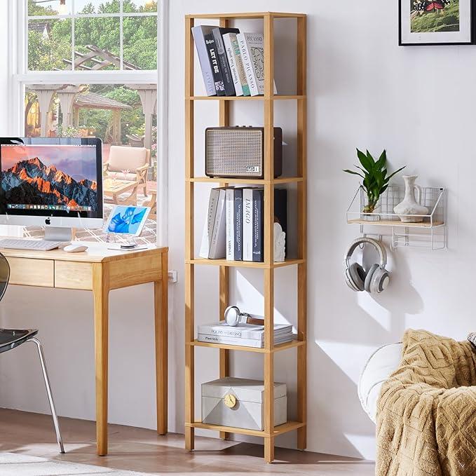 66in Tall Bookshelf 6-Tier Small Narrow Bookcase, Skinny Book Shelf for Small Space, Farmhouse Slim Shelf with Storage, Wood Freestanding Display Thin Bookshelves for Living Room, Natural - ModernBath