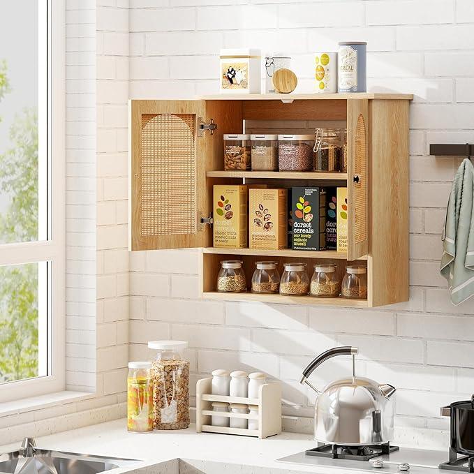 Tangkula Wall-Mounted Medicine Cabinet, with 2 Faux Rattan Doors & Adjustable Shelves, Open-Back Bathroom Cabinet Over The Toilet, Boho Hanging Storage Cupboard for Laundry Kitchen (No Back, Natural) - ModernBath