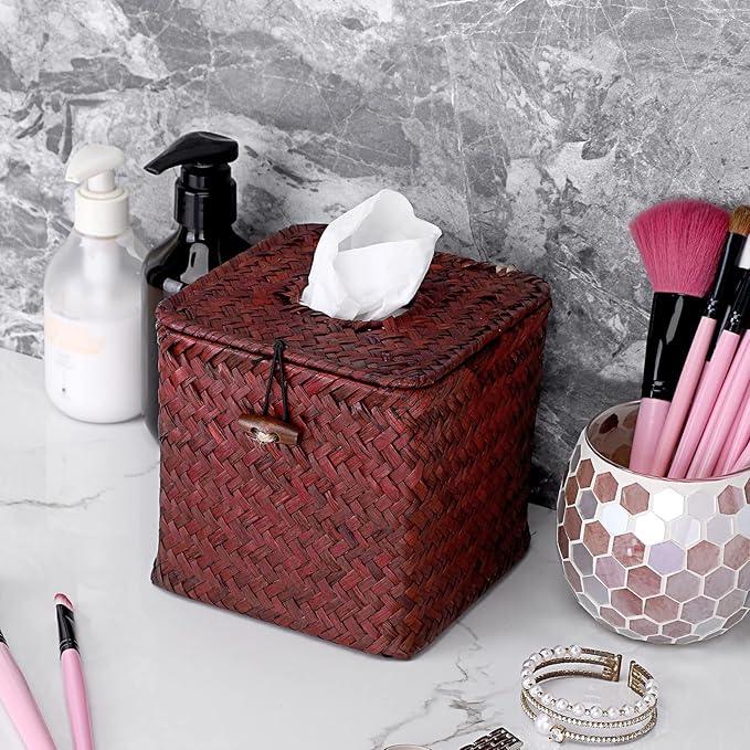 Sumnacon Tissue Box Cover Square Seagrass Tissue Box with Lid, Woven Tissue Box Holder Rustic Cube Tissue Cover for Bathroom Toilet Bedroom Living Room Kitchen Table Desk Office Car, Red Brown - ModernBath