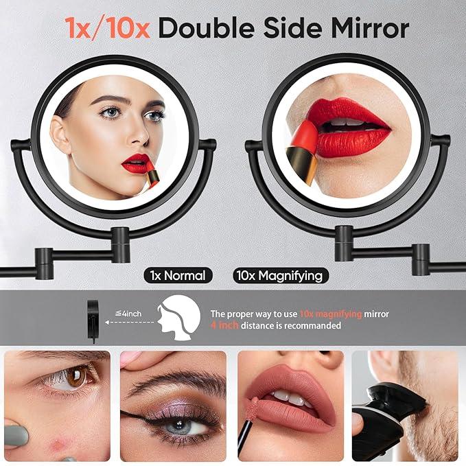 GURUN 8.5 Inch Magnifying Makeup Mirror with 3 Dimmable LED Lights Double Sided Touch Control Vanity Mirror for Bathroom with 10X Magnification Black Finish M1809D(Black/10X) - ModernBath