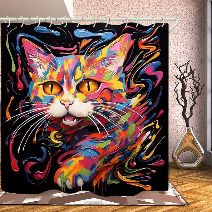 LYFANS Bathroom Using Colorful Oil Painting Cat 3D Shower Curtains, Luxury Bathtub Standard Shower Curtain, Waterproof and Bright Fabric Shower Curtain， Size (72x72 Inches) - ModernBath