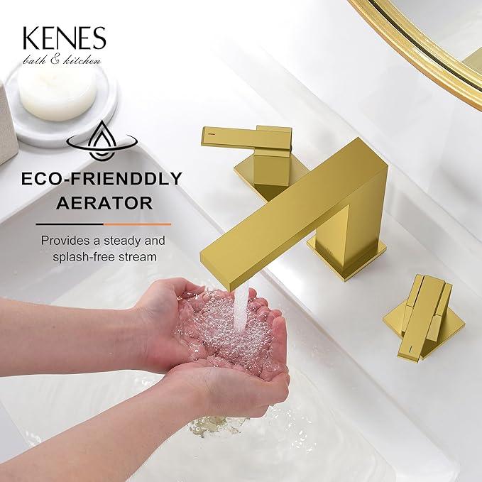 KENES Brushed Gold Widespread Bathroom Faucet 2 Handle Bathroom Sink Faucets 3 Hole, Gold 8-Inch 3 Pieces Vanity Lavatory Faucet with Supply Lines, KE-9050-4 - ModernBath