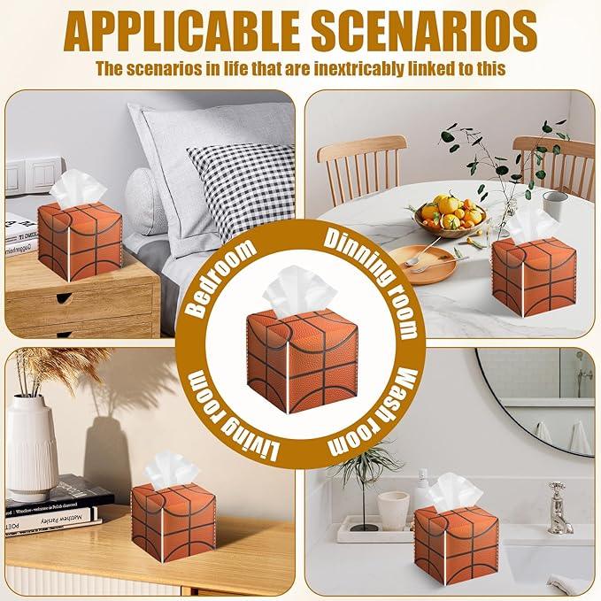 Basketball Tissue Box Cover 2PCS, Sport Ball Leather Tissue Box Holder Square Facial Paper Case Tissue Box Cube Organizer for Bathroom Bedroom Desk Office - ModernBath