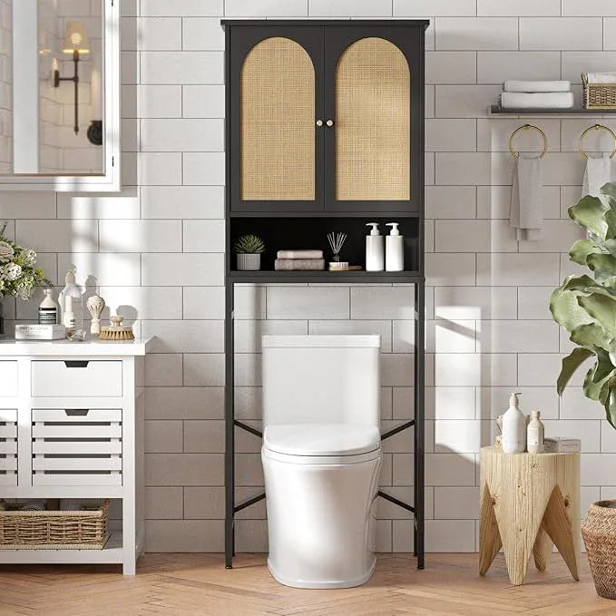 Rattan Toilet Storage Cabinet, Over The Rack Wood Cabinet with Metal Stand, Bathroom Organizer with Adjustable Shelf, Tall Freestanding Washer Shelf, Small Cupboard, Black - ModernBath