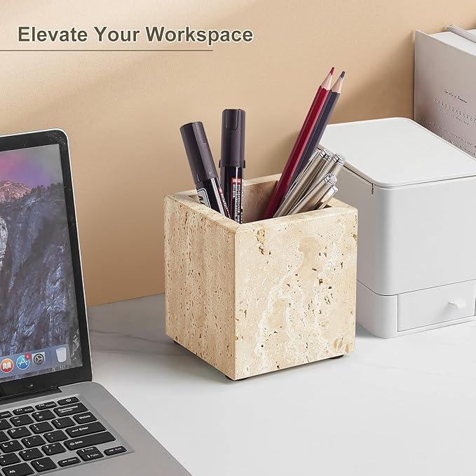 Real Natural Travertine Marble Toothbrush Holder & Pen Holder & Makeup Brush Holder & Utensil Holder, Genuine Stone Rectangular Bathroom Tumbler Cup, Durable Office & Home Countertop Organizer - ModernBath