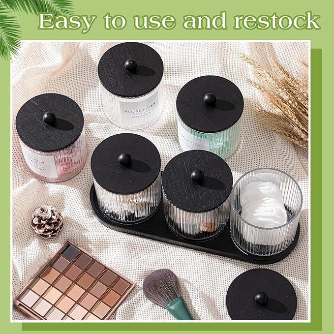 Vesici 6 Pack Bathroom Canisters Ribbed Apothecary Jars with Bamboo Lids 2 Bamboo Trays and 9 Label Stickers Cotton Swabs Holder Bathroom Organizer Storage Set Acrylic 18 oz Dispenser Container(Black) - ModernBath