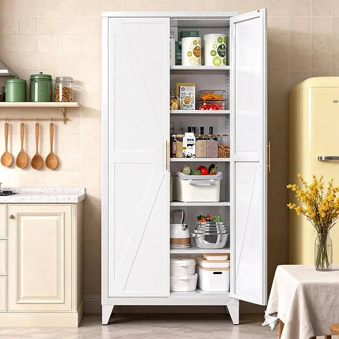 75" H Metal Pantry Cabinet, Kitchen Pantry Storage Cabinets with 5 Adjustable Shelves, for Home Office Bathroom, Required Assembly, White - ModernBath